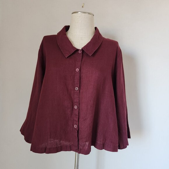 Flax Tops - FLAX Lagenlook Linen Button-Up Shirt 3/4 Sleeve Burgundy Red